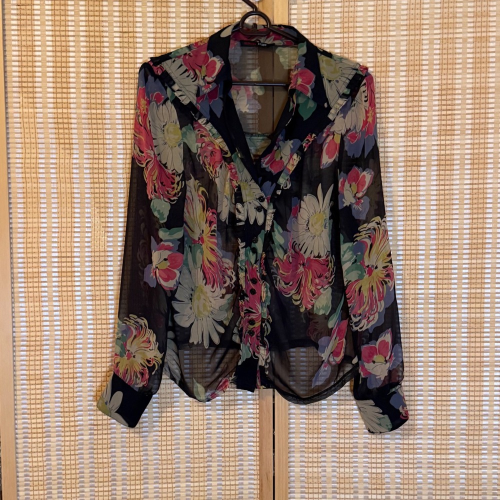 Georgiou Studio Women Large Sheer Floral Ruffle Button Down Blouse Long Sleeve